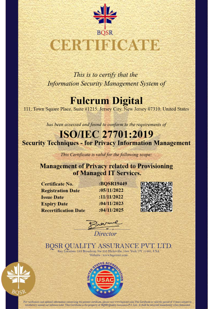 Fulcrum Digital ISO/IEC 27701 certification USA