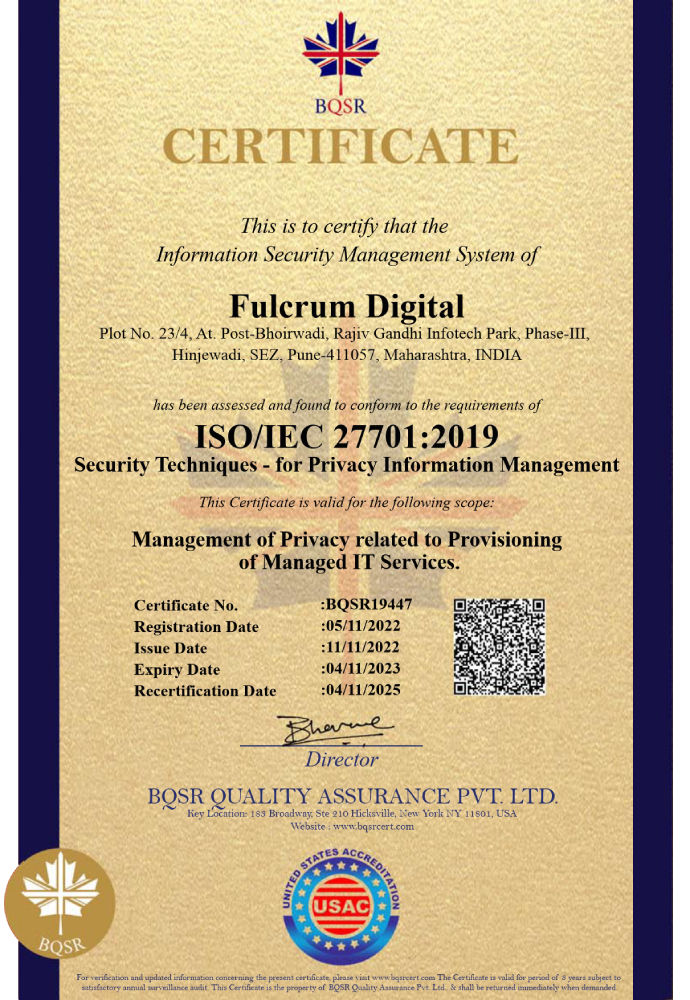 Fulcrum Digital ISO/IEC 27701 certification India