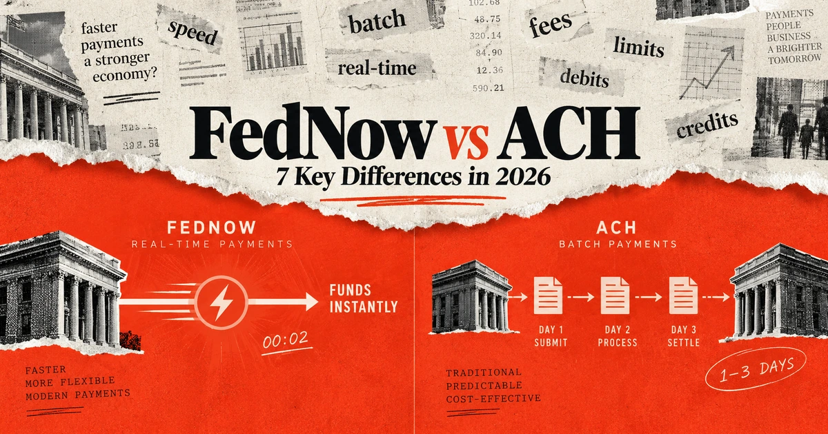 Editorial torn-paper illustration comparing FedNow and ACH, showing instant real-time payments versus batch payment processing with banks, payment-flow graphics, and finance-themed text.