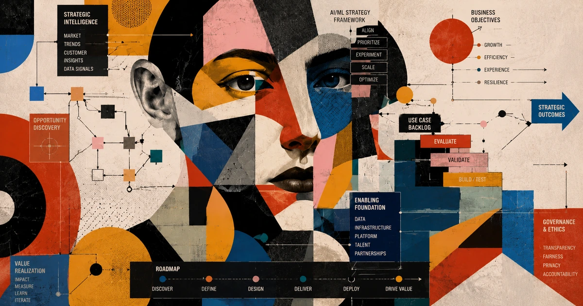 Fragmented editorial portrait with AI/ML strategy cues for business objectives, use-case prioritization, governance, roadmap planning, and measurable value.