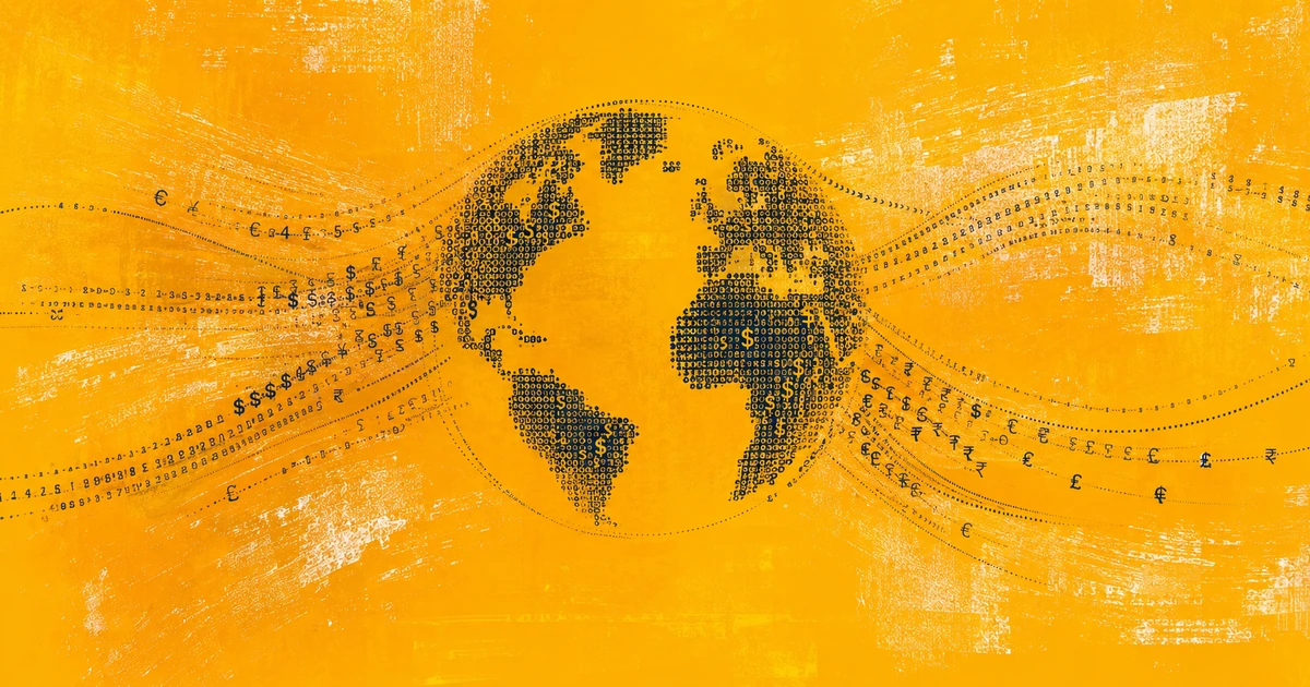 Real-Time Cross-Border Payments_Blog_Fulcrum-Digital_Hero Stylized editorial illustration of a globe formed from currency symbols and numbers, with flowing data-like lines crossing a bright textured background to represent real-time cross-border payments, global money movement, and modern bank payment infrastructure.