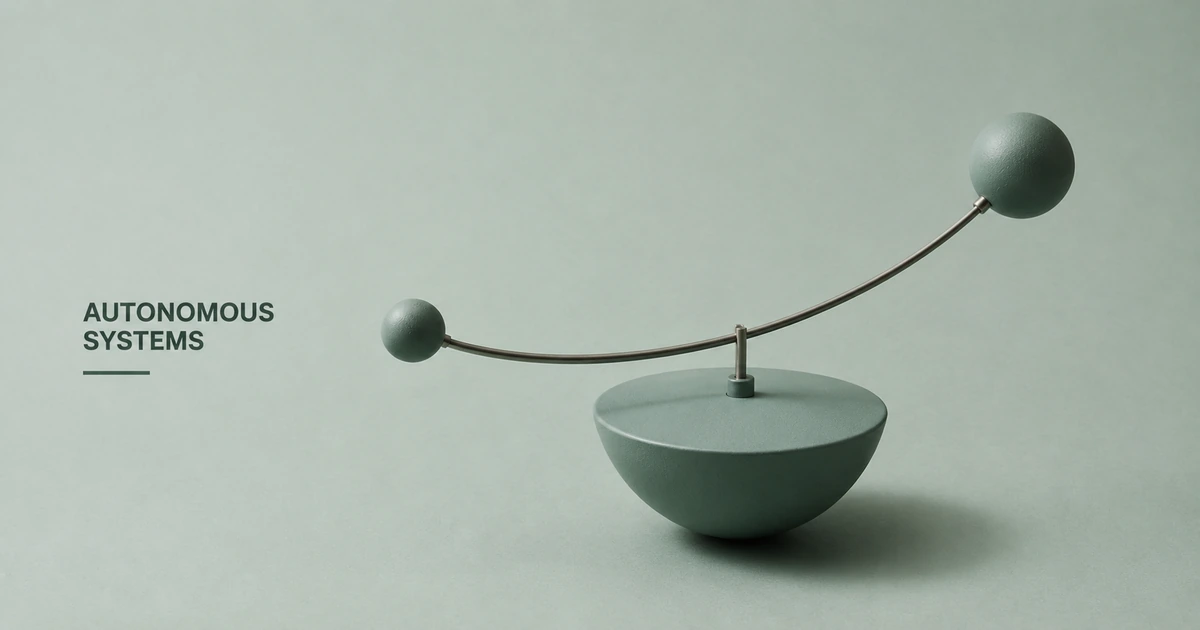 Muted kinetic balance sculpture representing autonomous systems operating within defined boundaries while adapting to changing conditions.