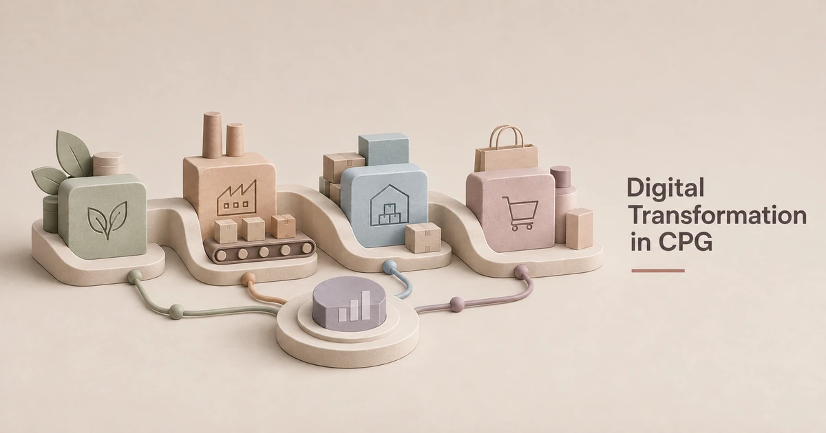 Muted connected value-chain sculpture representing digital transformation in CPG across sourcing, manufacturing, inventory, retail channels, and data-driven decision-making.