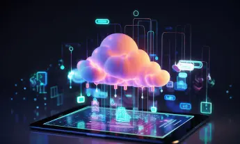 Cloud computing illustration showing a glowing digital cloud above a tablet with data streams, representing cloud infrastructure and data integration.