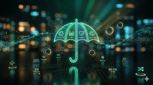 Glowing neon green umbrella symbol protecting icons for property, life, and health insurance against a city background.