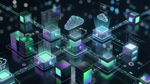 Isometric 3D technology platform featuring a central cloud connected to modular cubes in cyan and black.