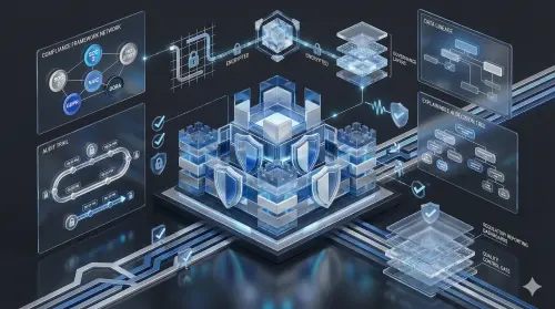Digital fortress illustration with glass shields representing security compliance and data governance layers.