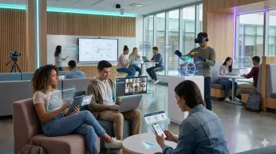 Hybrid university learning environment showing students using VR headsets, AI-powered tablets, and smartboards in a modern connected student commons.