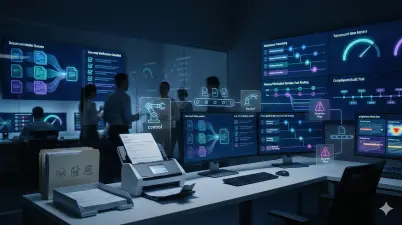 University administrative office visualizing AI-driven automation workflows, document digitization queues, and operational efficiency dashboards.