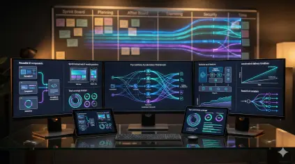 Automated warehouse logistics center featuring robotic arms and smart conveyor belts with neon digital overlays for real-time supply chain tracking and optimization.