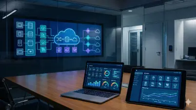 Higher education executive office featuring a laptop and wall display visualizing institutional modernization, moving from legacy systems to unified cloud operations.