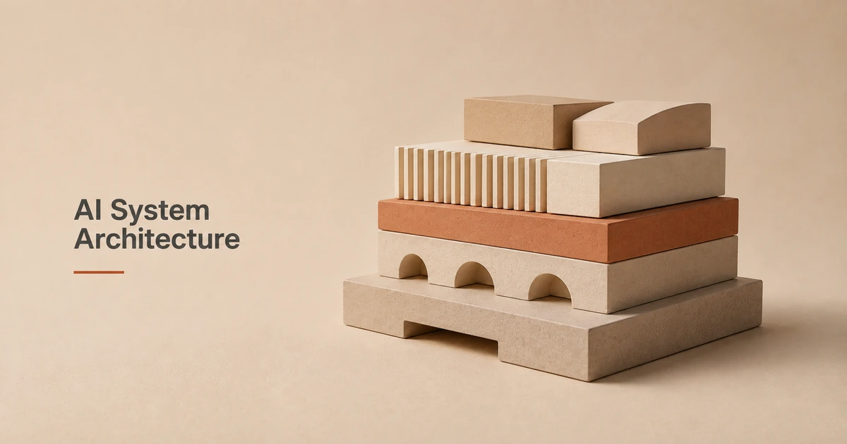 Layered architectural blocks representing AI system architecture and the connected data, models, integrations, infrastructure, and controls within an AI system.