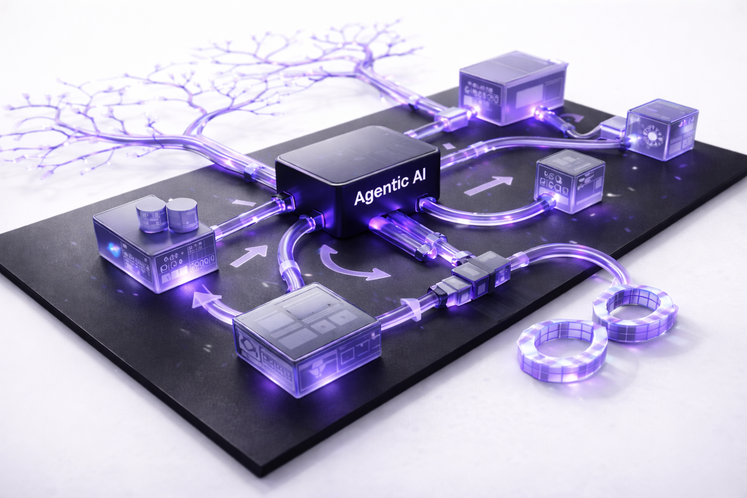 Abstract AI platform topology with connected modules and glowing violet data-flow links, representing an end-to-end machine learning pipeline, isolated on a white background.