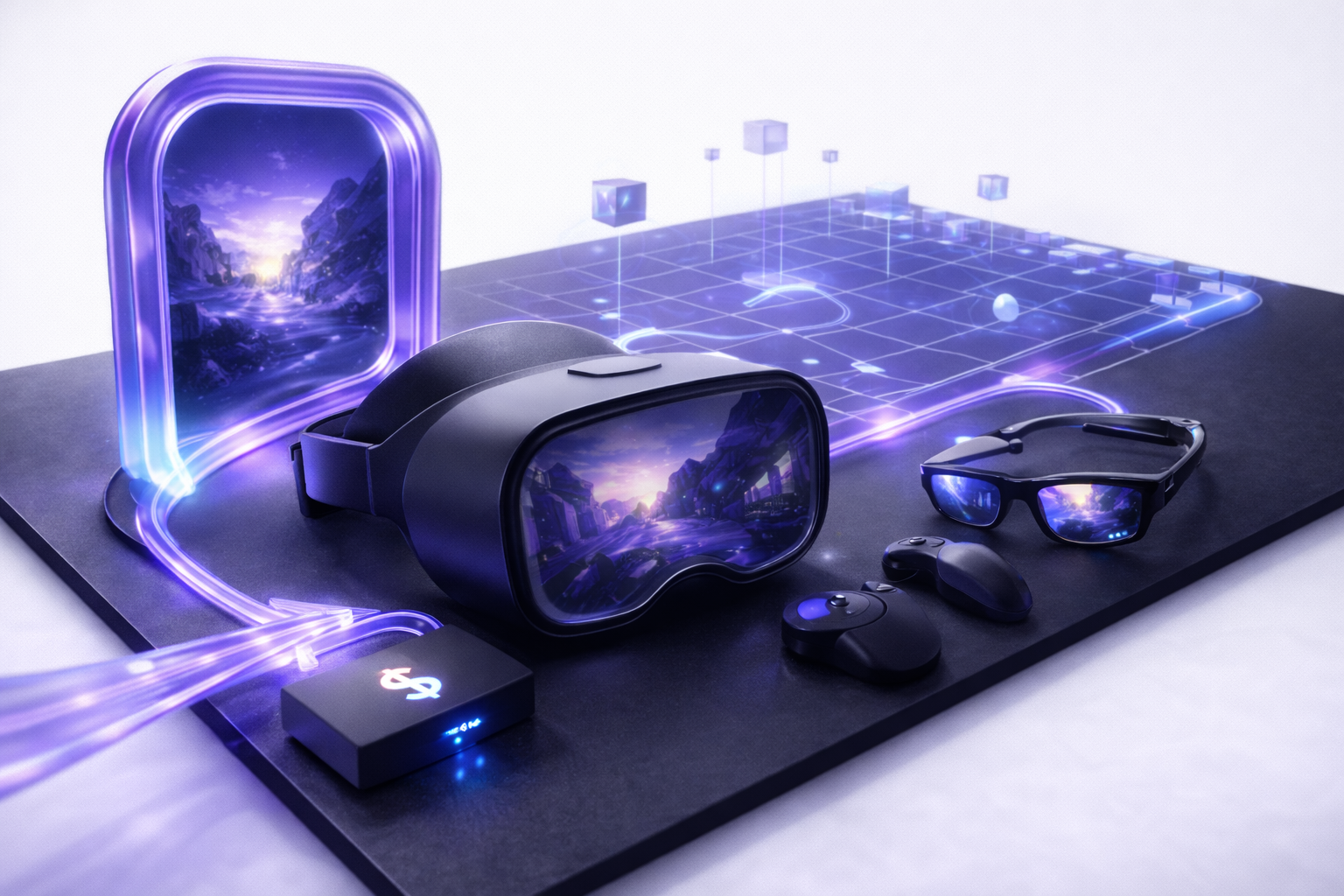 VR headset and AR glasses on a black platform with a glowing portal frame and spatial mapping grid, representing immersive experiences, isolated on a white background.
