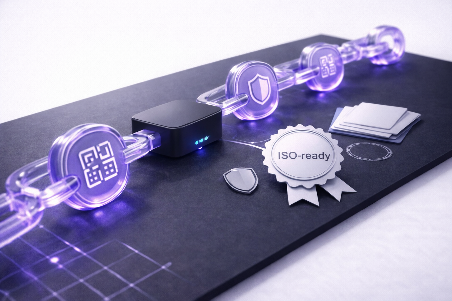 Translucent ledger chain and token discs connected to a central hub with a compliance seal labeled “ISO-ready,” isolated on a white background.