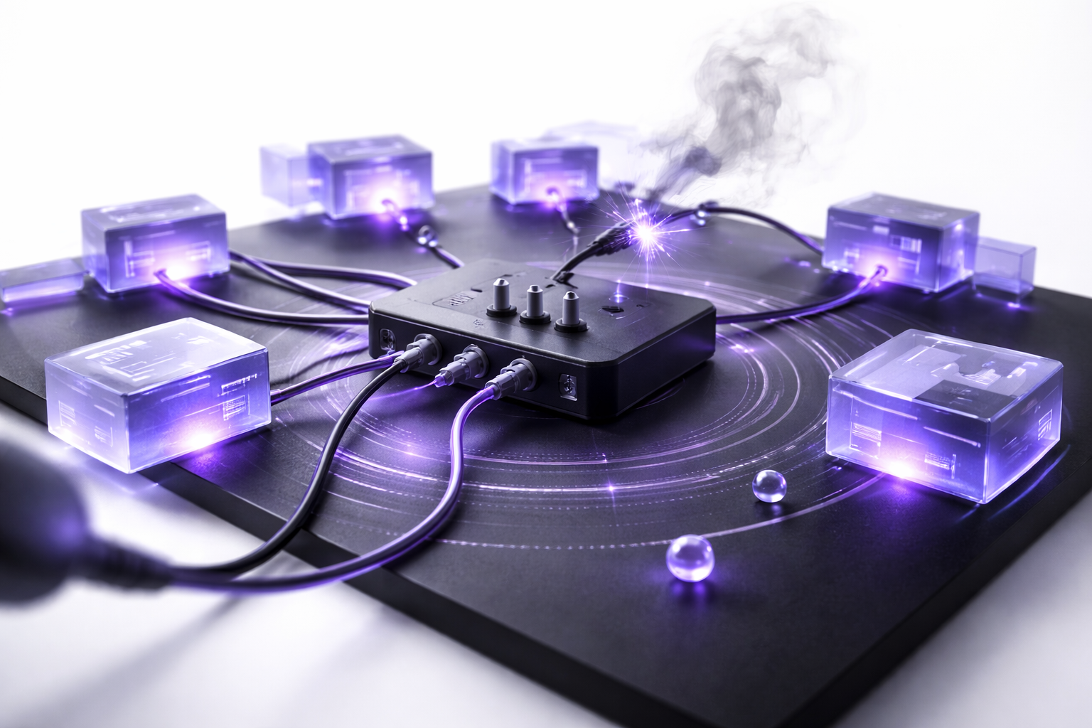 Cinematic still-life of a chaos engineering controller connected to multiple microservice blocks, showing a controlled disconnected link and blast-radius rings, isolated on a white background.