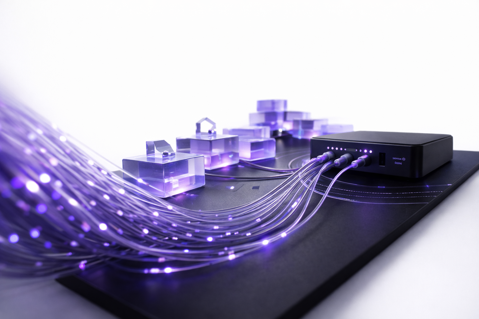 Glowing fiber-optic lines flowing into a black platform hub with modular translucent blocks, representing cloud automation and DevOps pipelines, isolated on a white background.