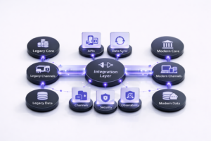 Centered before-and-after layout showing Legacy Core, Legacy Channels, and Legacy Data bridged through an Integration Layer to Modern Core, Modern Channels, and Modern Data, with supporting modules for APIs, Data Sync, Security, and Observability, on a clean white background.