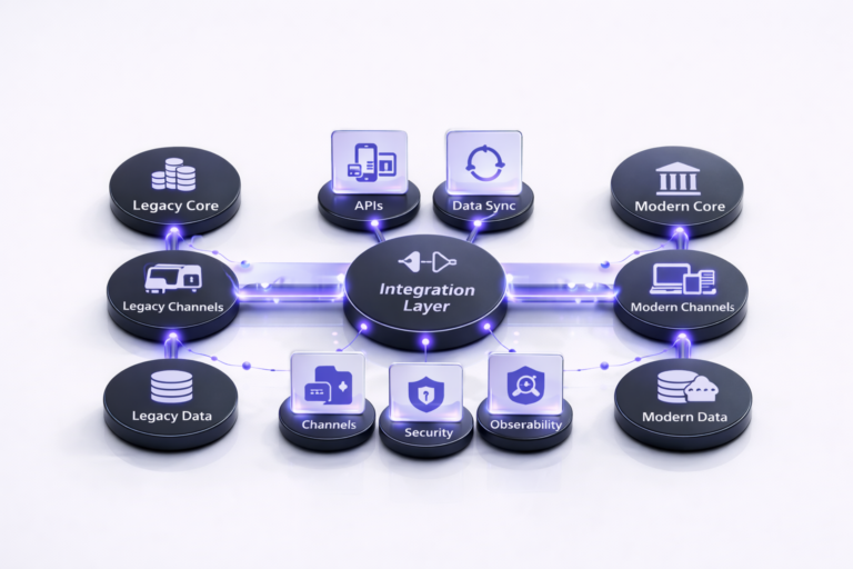 Centered before-and-after layout showing Legacy Core, Legacy Channels, and Legacy Data bridged through an Integration Layer to Modern Core, Modern Channels, and Modern Data, with supporting modules for APIs, Data Sync, Security, and Observability, on a clean white background.