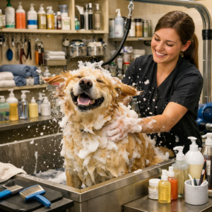 Smiling groomer bathing a happy, soap-covered golden retriever in a pet grooming salon.
