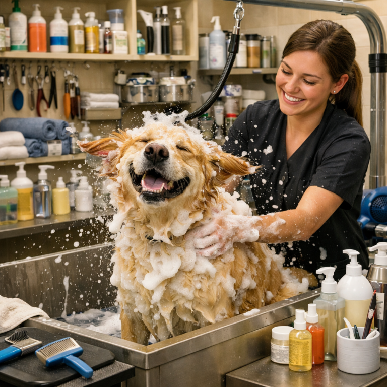 Smiling groomer bathing a happy, soap-covered golden retriever in a pet grooming salon.