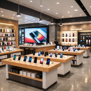 Modern mobile phone store with rows of smartphones displayed on wooden tables.