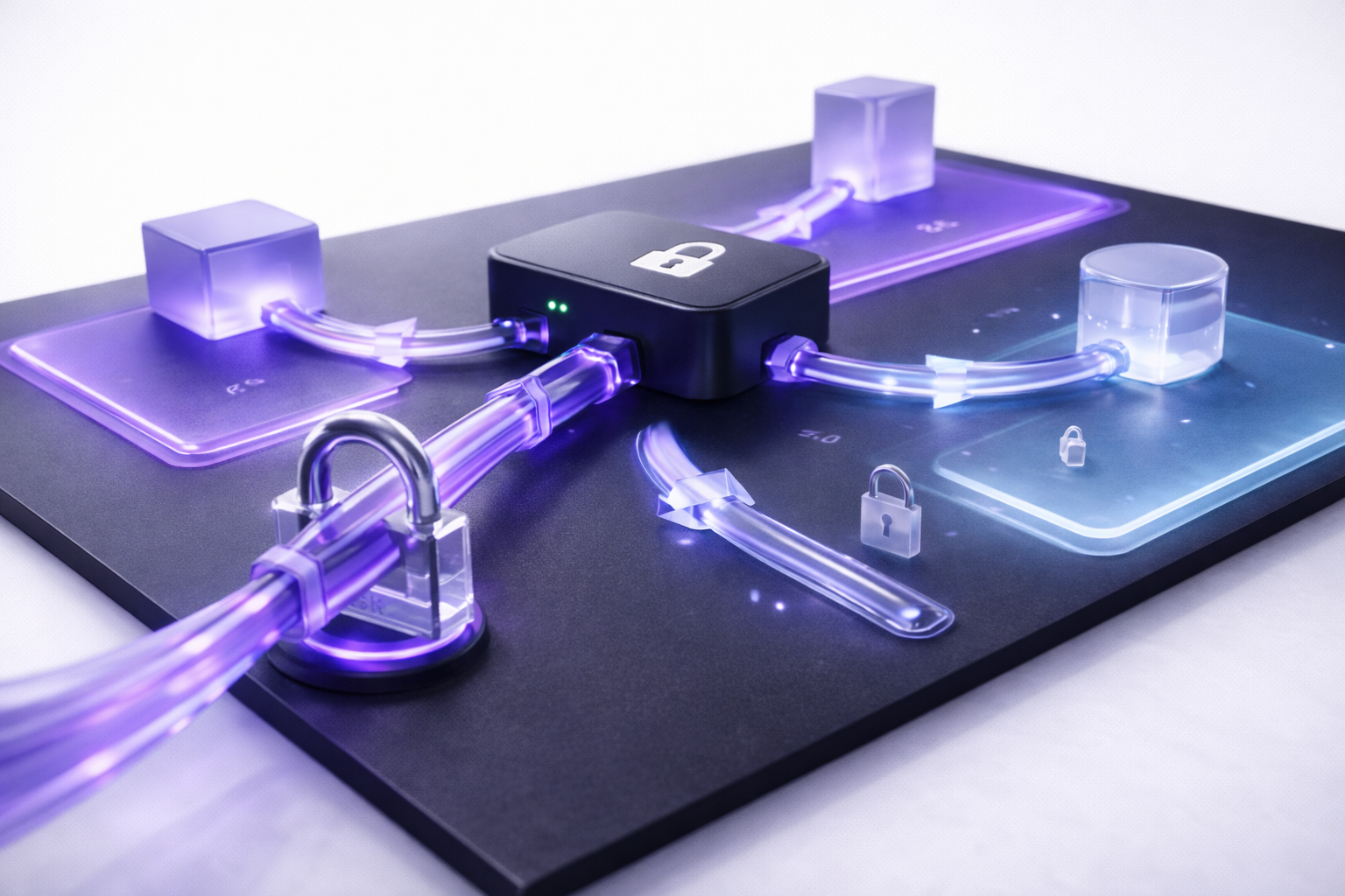 Main network cable passes through a padlock gate before reaching a central security gateway with a white lock icon, connecting to three segmented zones, isolated on a white background.
