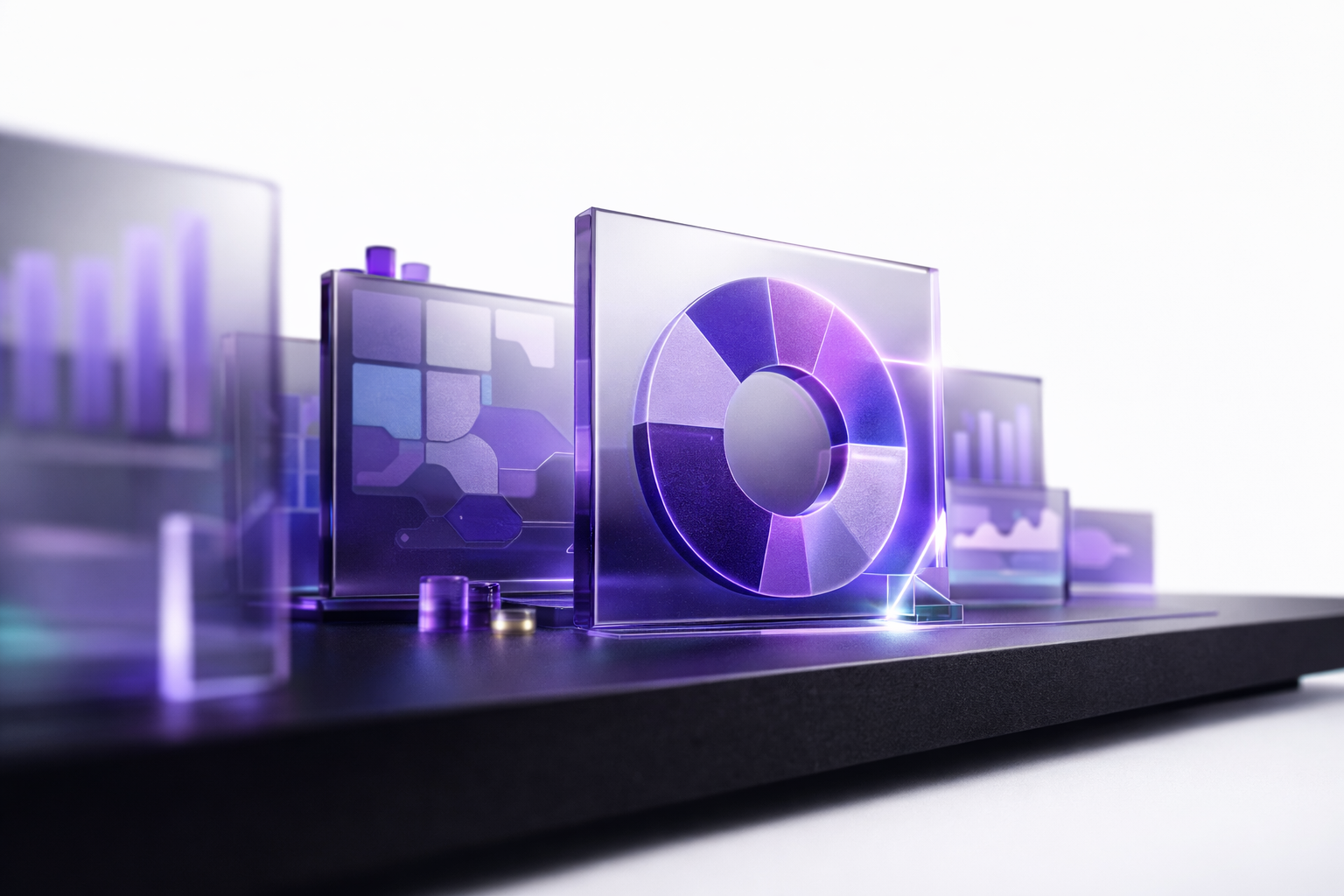 Layered translucent glass tiles representing abstract BI dashboard charts with purple accents, photographed in a cinematic macro style on a white background.