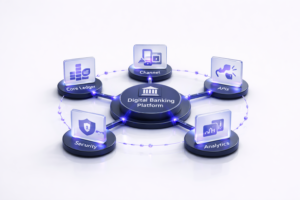 Centered hub-and-spoke diagram labeled “Digital Banking Platform” connected to Core Ledger, Channels, APIs, Security, and Analytics modules, on a clean white background.