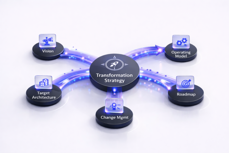 Centered strategy hub labeled “Transformation Strategy” connected to Vision, Operating Model, Target Architecture, Roadmap, and Change Management nodes, on a clean white background.