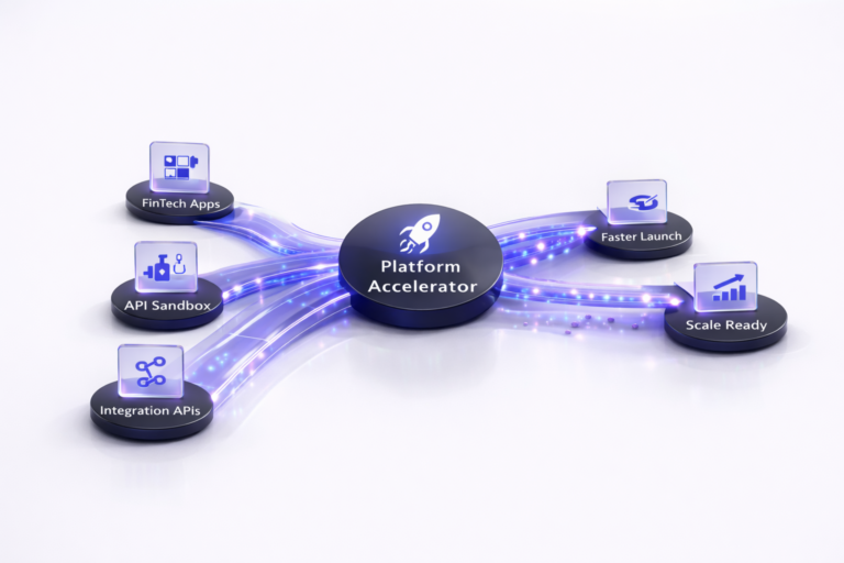 Centered diagram showing FinTech Apps, API Sandbox, and Integration APIs flowing into a Platform Accelerator hub, branching to Faster Launch and Scale Ready outputs, on a clean white background.