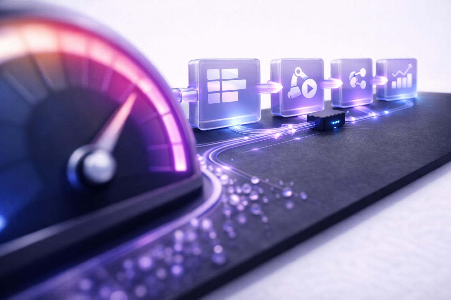 Low-angle view of a performance gauge in the foreground with an automated testing pipeline and load beads flowing through arrow-linked stages, isolated on a white background.