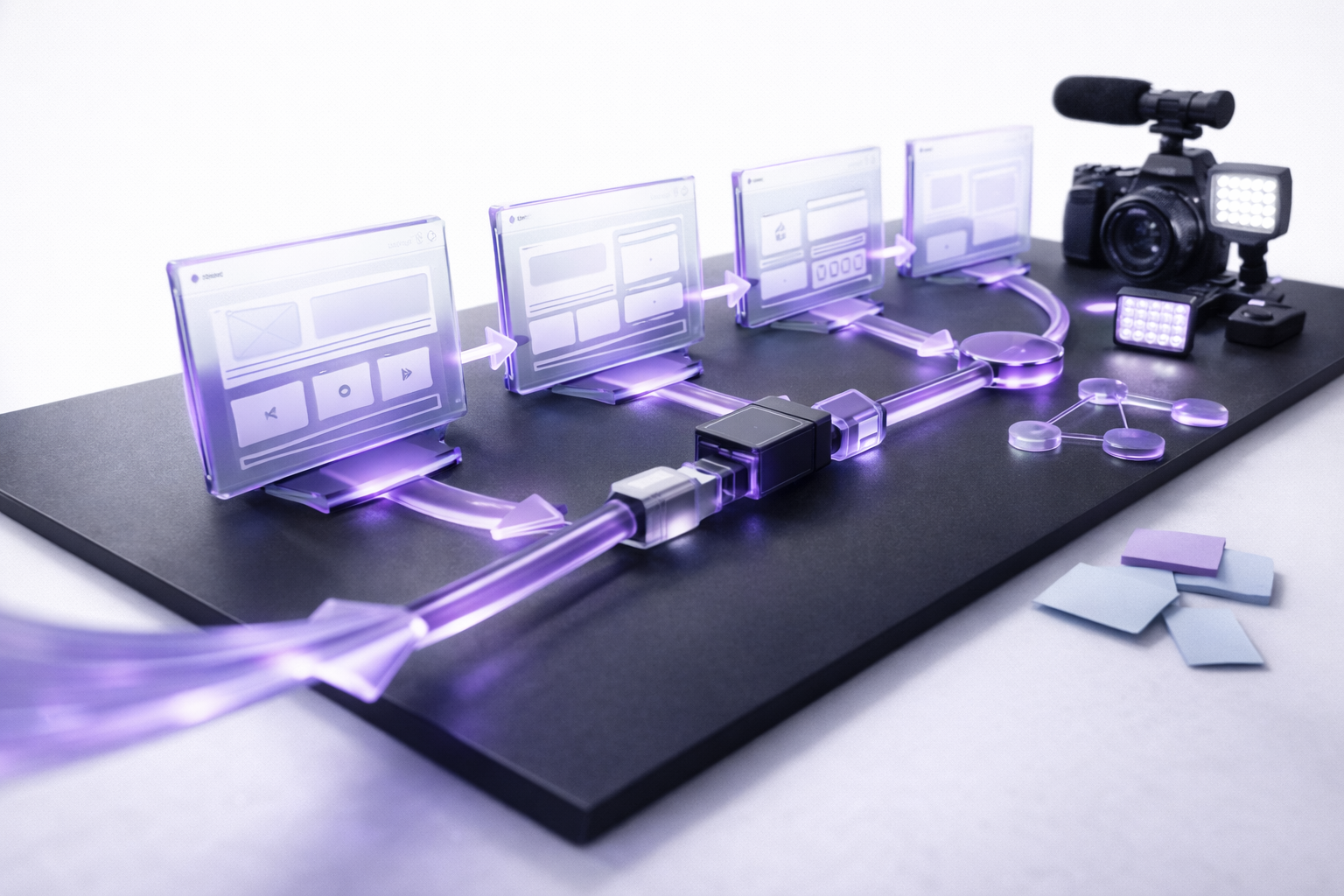 Wireframe UI artboards connected by a simple journey flow with arrows, alongside a small content production camera kit, isolated on a white background.