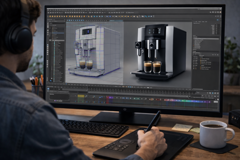 3D animator building and animating a automatic coffee machine in 3d software on a desktop workstation