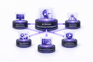 minimal 3D infographic of AI driven operational intelligence showing real-time monitoring, anomaly detection, operational efficiency, decision support, and predictive maintenance