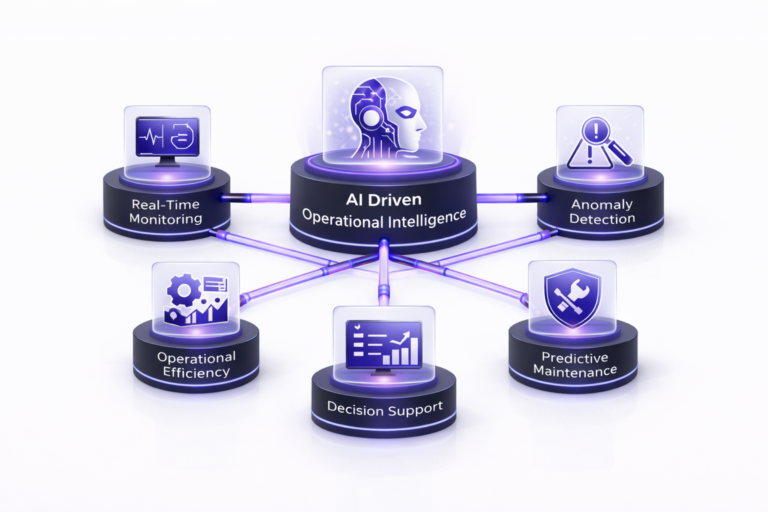 minimal 3D infographic of AI driven operational intelligence showing real-time monitoring, anomaly detection, operational efficiency, decision support, and predictive maintenance