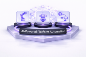3D illustration showing AI-powered platform automation with robotic arm, AI assistant, and automated workflow icons on a connected platform