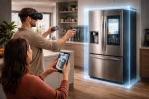 Couple using AR and VR technology at home to preview a refrigerator through an immersive 3D product visualization experience.