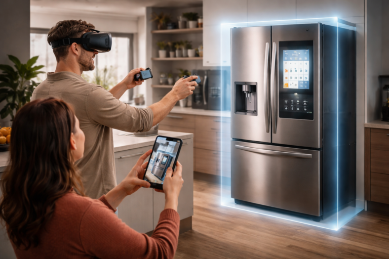 Couple using AR and VR technology at home to preview a refrigerator through an immersive 3D product visualization experience.