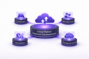 minimal 3D diagram of cloud native platform development with containers microservices serverless and devops ci cd around a central cloud platform