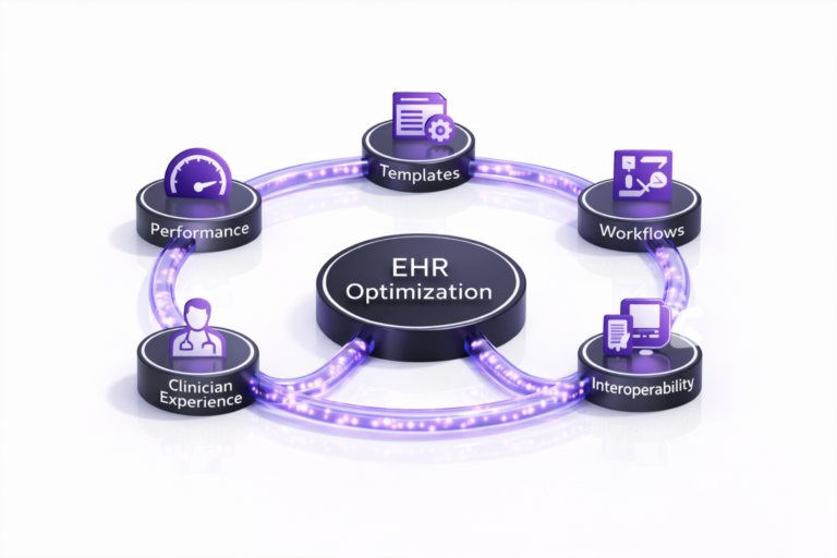 Diagram showing an EHR optimization hub connected to performance, templates, workflows, interoperability, and clinician experience modules on a clean white background.