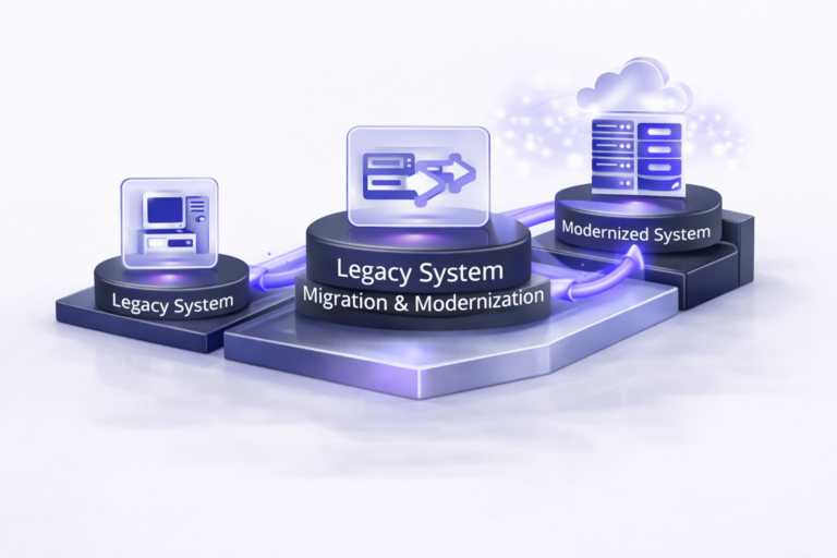 Minimal illustration showing transition from legacy system to modernized cloud system with directional arrows
