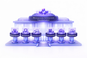 minimal 3D illustration of microservices architecture transformation as a futuristic building with ci cd api gateway service discovery devops and observability