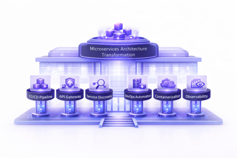 minimal 3D illustration of microservices architecture transformation as a futuristic building with ci cd api gateway service discovery devops and observability