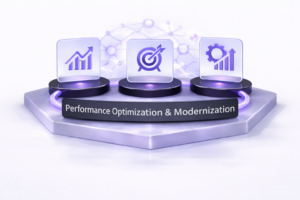 3D illustration showing performance optimization and continuous improvement with growth chart, target, and gear analytics icons