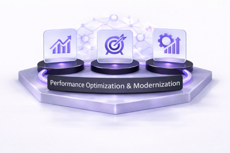 3D illustration showing performance optimization and continuous improvement with growth chart, target, and gear analytics icons