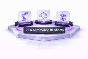 Diagram illustrating AI and automation readiness with connected capability nodes on a clean white background.
