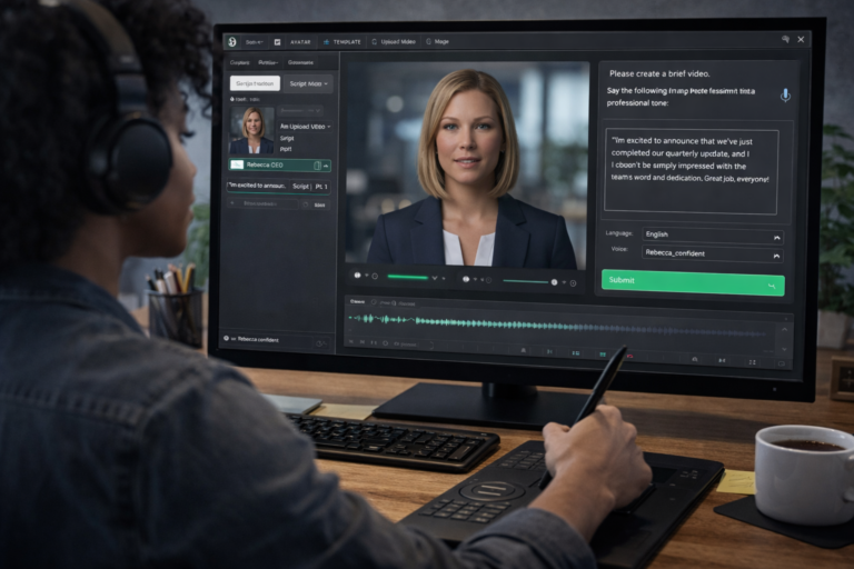 Black female designer prompting a female CEO digital twin in an AI avatar video creation platform.