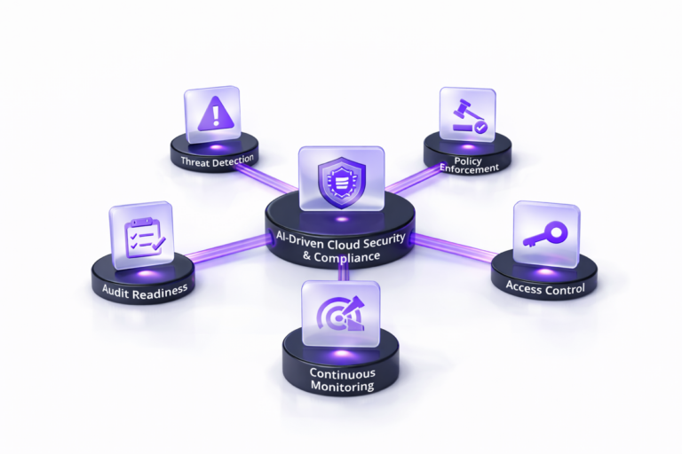 Hub diagram showing AI-driven cloud security and compliance connected to threat detection, policy enforcement, access control, audit readiness, and continuous monitoring on a white background.