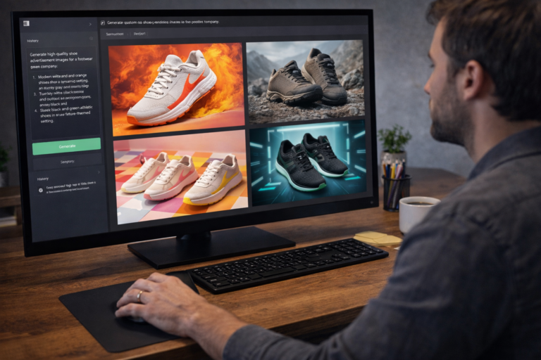 Designer prompting AI to generate custom shoe product images for a footwear brand on a desktop computer.